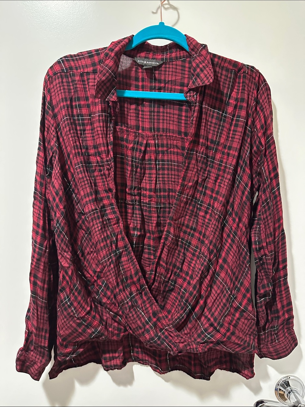 Rock & Republic Red and Black Plaid Wrap-Front Button Down Top